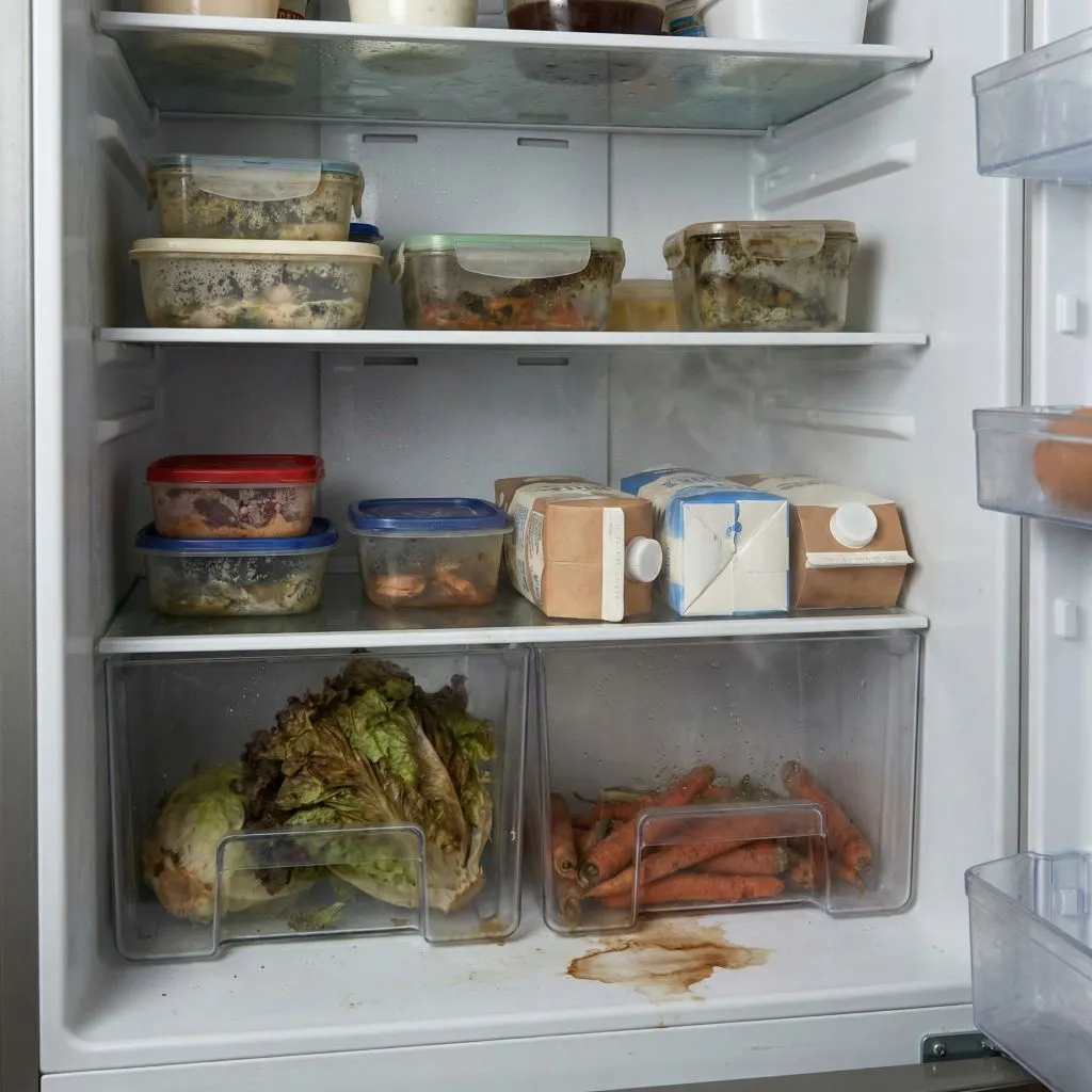 Open refrigerator with visible brown spills and spoiled produce, illustrating the common causes when a fridge smells bad.