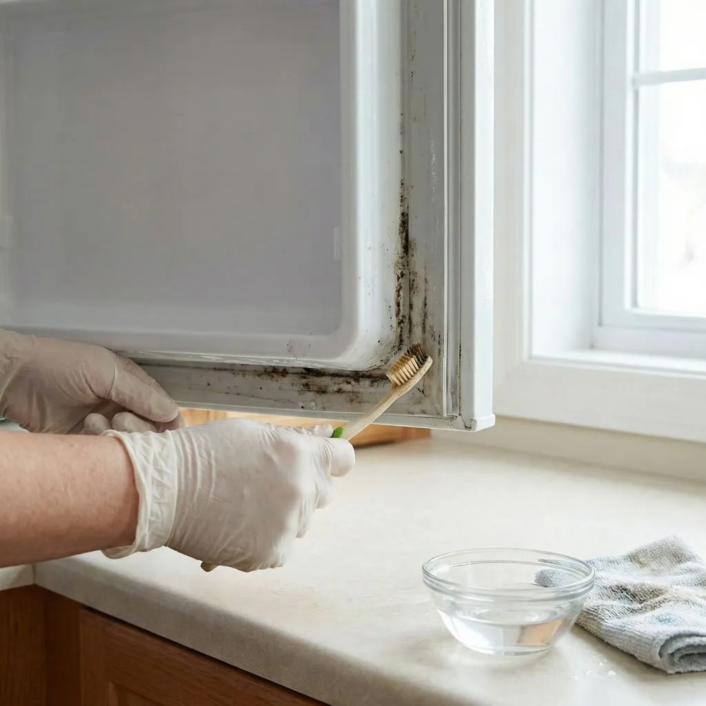 Gloved hands scrubbing black mold from a refrigerator door gasket with a toothbrush to eliminate a common reason a fridge smells bad.