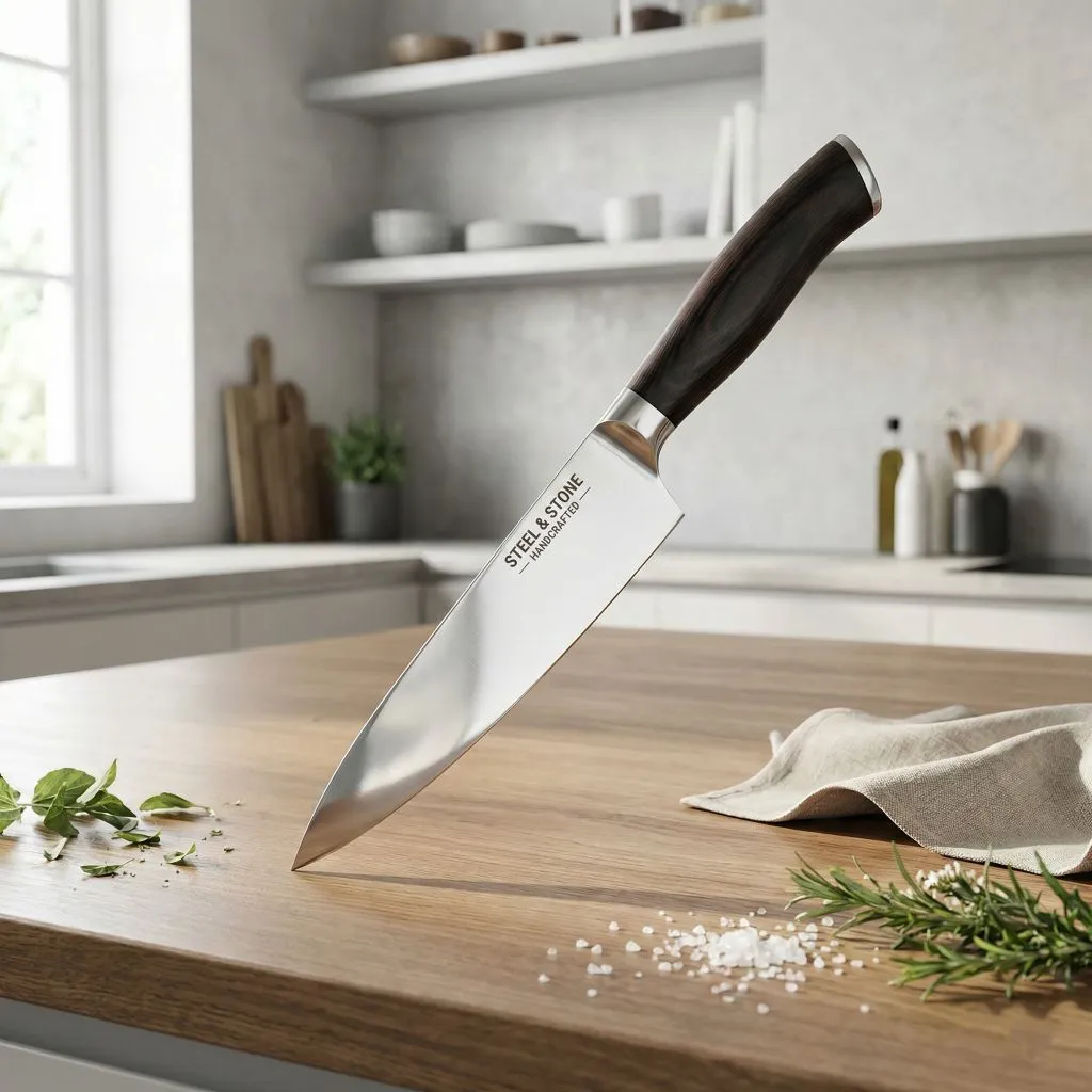 High-quality handcrafted chef's knife balanced on a wooden counter with herbs, a must-have item among cooking tools for kitchen.