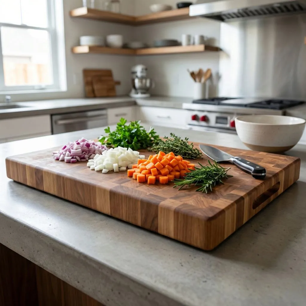 Large wooden cutting board featuring chopped vegetables and a chef's knife, illustrating essential cooking tools for kitchen organization.