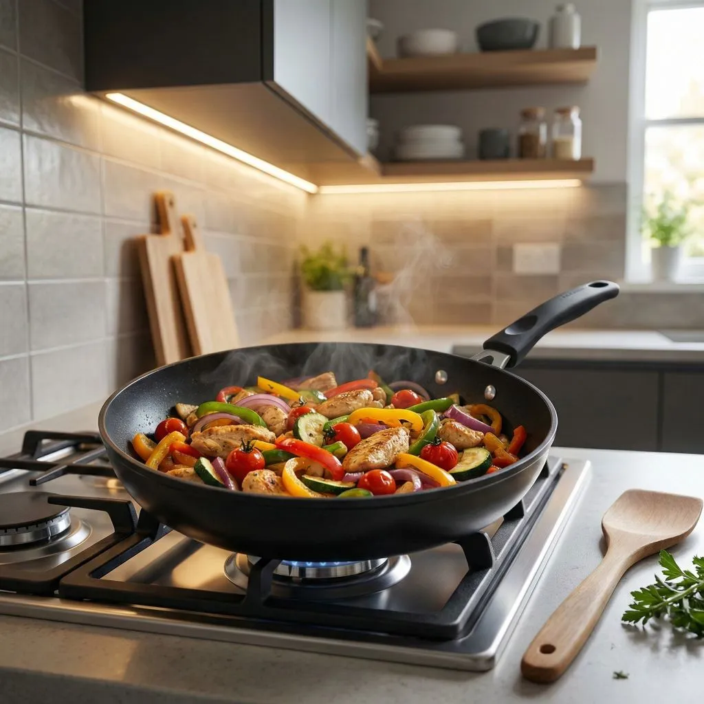 Steaming chicken and vegetable stir-fry cooking in a non-stick pan, highlighting essential cooking tools for kitchen versatility.