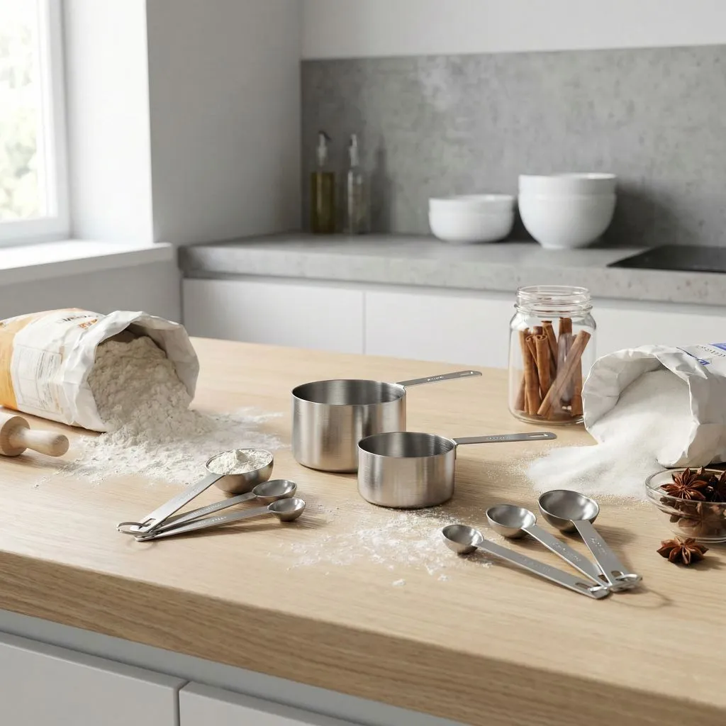 Stainless steel measuring cups and spoons on a wooden counter with flour and sugar, representing essential baking and cooking tools for kitchen accuracy.