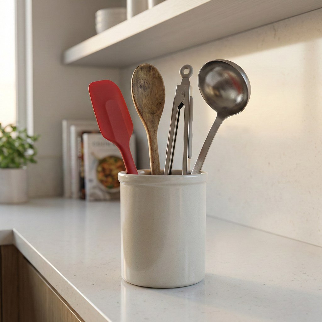 White ceramic holder containing a red spatula, wooden spoon, tongs, and ladle, displaying organized cooking tools for kitchen countertops.