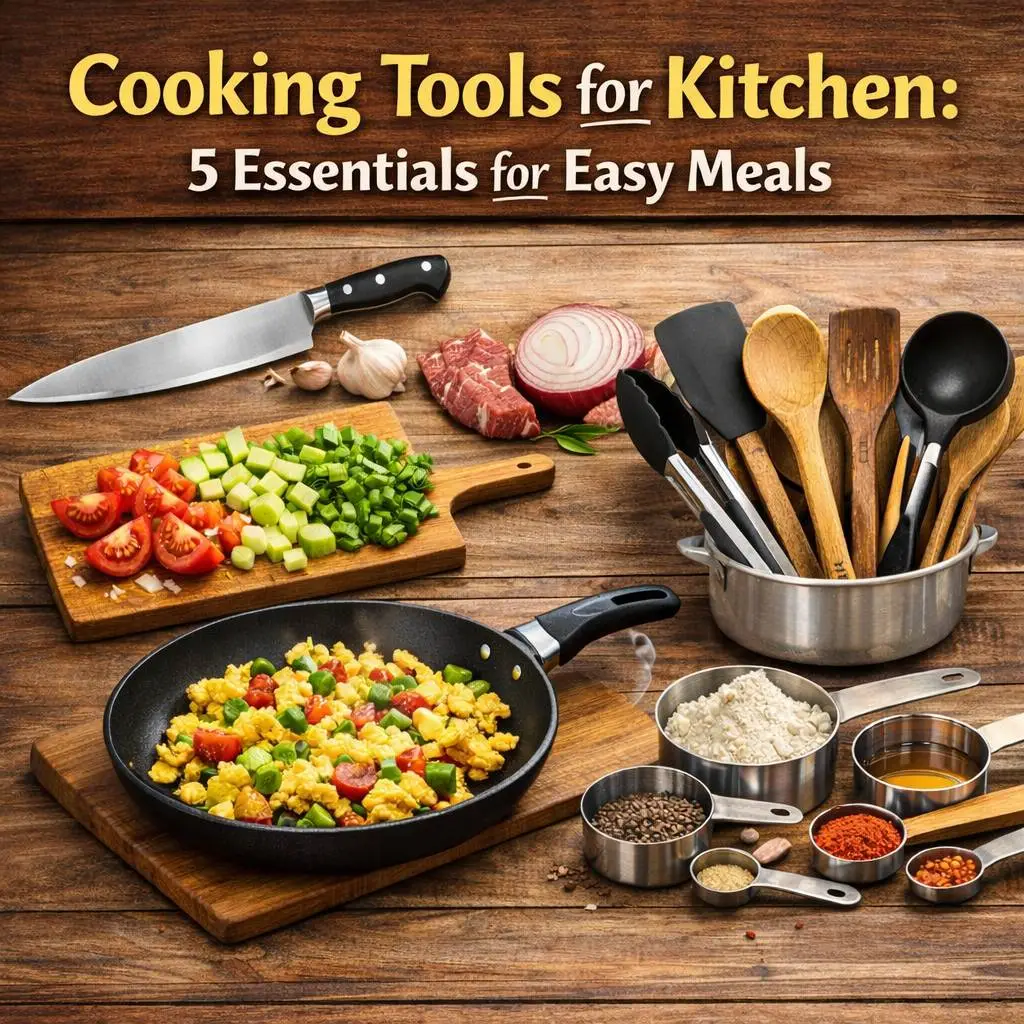 Flat lay display of essential cooking tools for kitchen, including a chef's knife, non-stick pan, measuring cups, and wooden utensils on a rustic table.